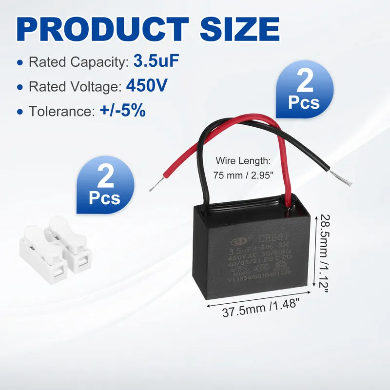 3.5uF 450V AC 2 Wires CBB61 Ceiling Fan Capacitor, 2pcs, 37.5x28.5x18mm