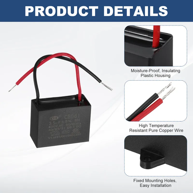 3.5uF 450V AC 2 Wires CBB61 Ceiling Fan Capacitor, 2pcs, 37.5x28.5x18mm