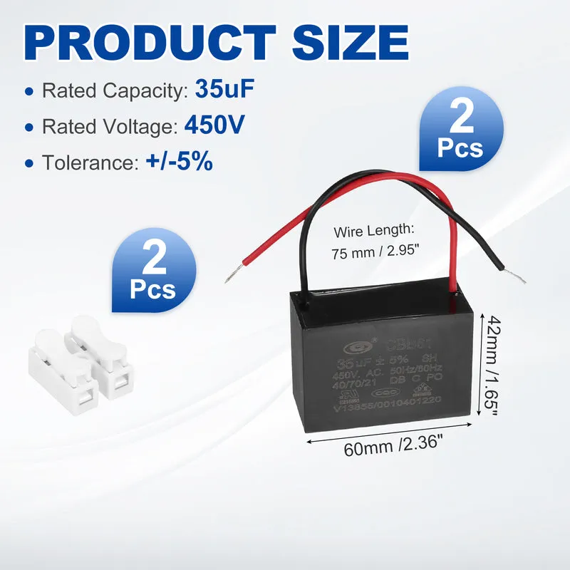 35uF 450V AC 2 Wires CBB61 Ceiling Fan Capacitor, 2pcs, 60x41.5x28mm