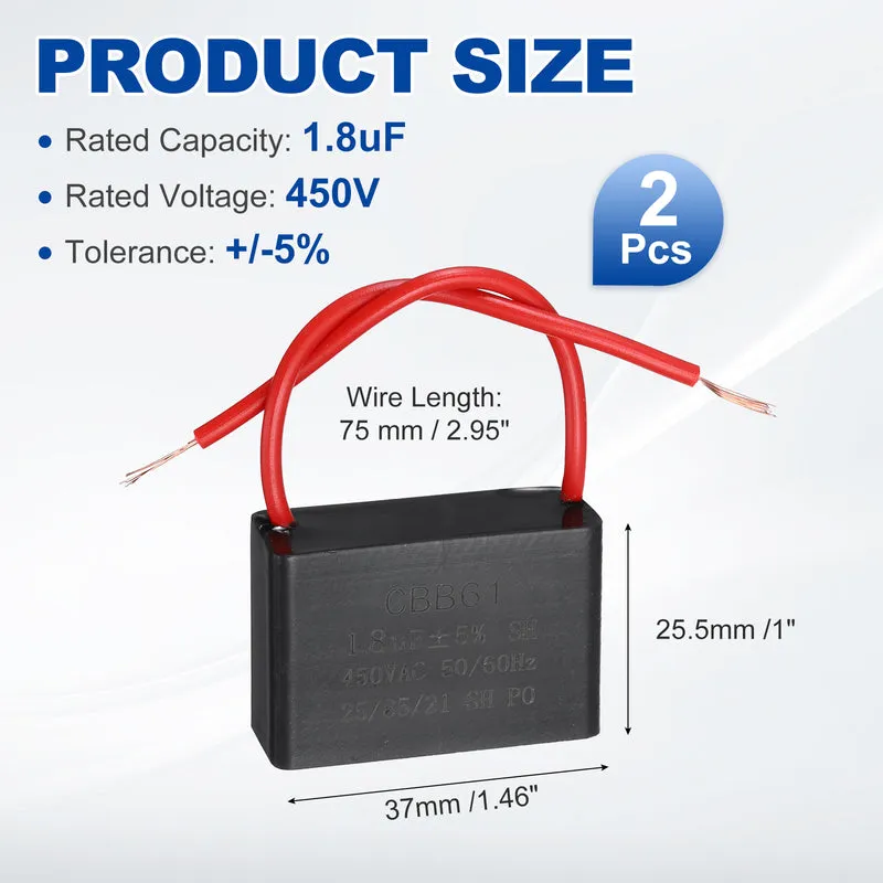 2 Pcs 1.8uF 450V AC 2 Wires CBB61 Ceiling Fan Capacitor, 37x24.5x25mm