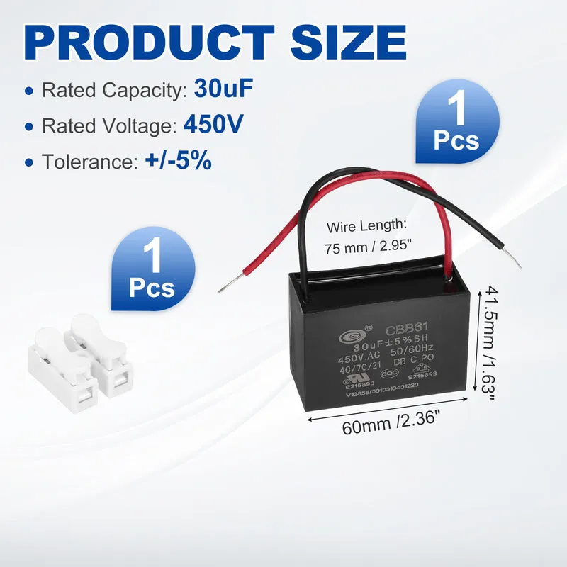 30uF 450V AC 2 Wires CBB61 Ceiling Fan Capacitor, 60x41.5x28mm