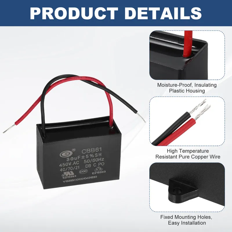 30uF 450V AC 2 Wires CBB61 Ceiling Fan Capacitor, 60x41.5x28mm