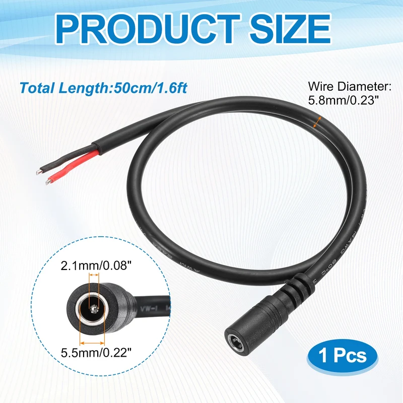 DC Power Pigtail Cable, 50cm/1.6FT 14AWG 5.5x2.1mm FeMale Barrel Plug