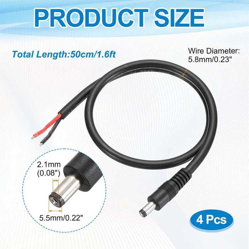 4Pcs DC Power Pigtail Cable, 50cm/1.6FT 14AWG 5.5x2.1mm Male Barrel Plug
