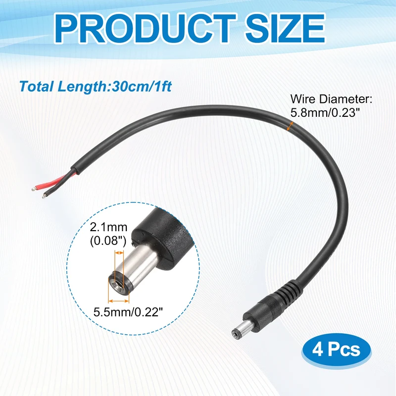 4Pcs DC Power Pigtail Cable, 30cm/1FT 14AWG 5.5x2.1mm Male Barrel Plug