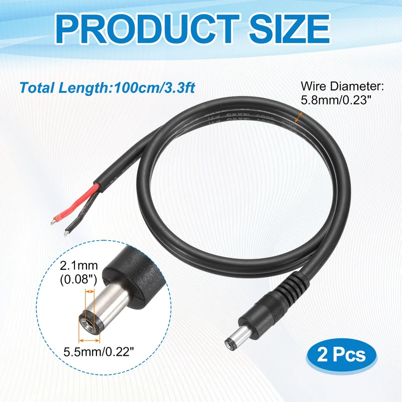 2Pcs DC Power Pigtail Cable, 100cm/3.3FT 14AWG 5.5x2.1mm Male Barrel Plug