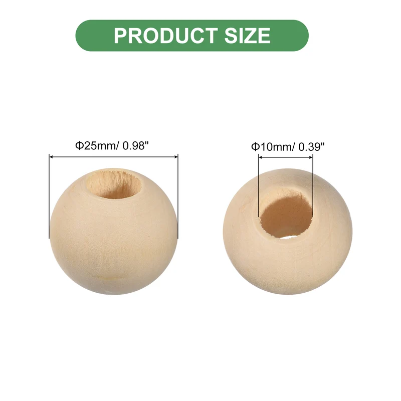 100Pcs 25mm Natural Wood Spacer Bead 10mm Hole Unfinished Round Wooden Beads
