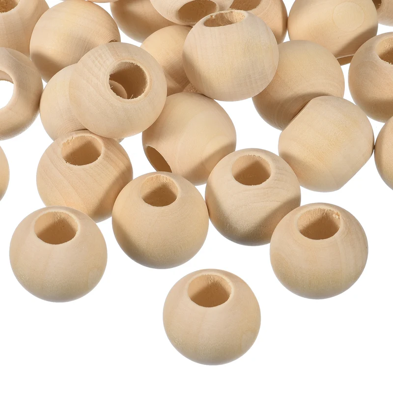 100Pcs 30mm Natural Wood Spacer Bead 15mm Hole Unfinished Round Wooden Beads