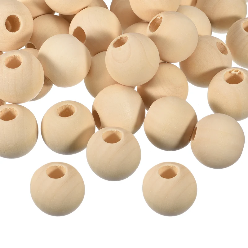 100Pcs 30mm Natural Wood Spacer Bead 10mm Hole Unfinished Round Wooden Beads