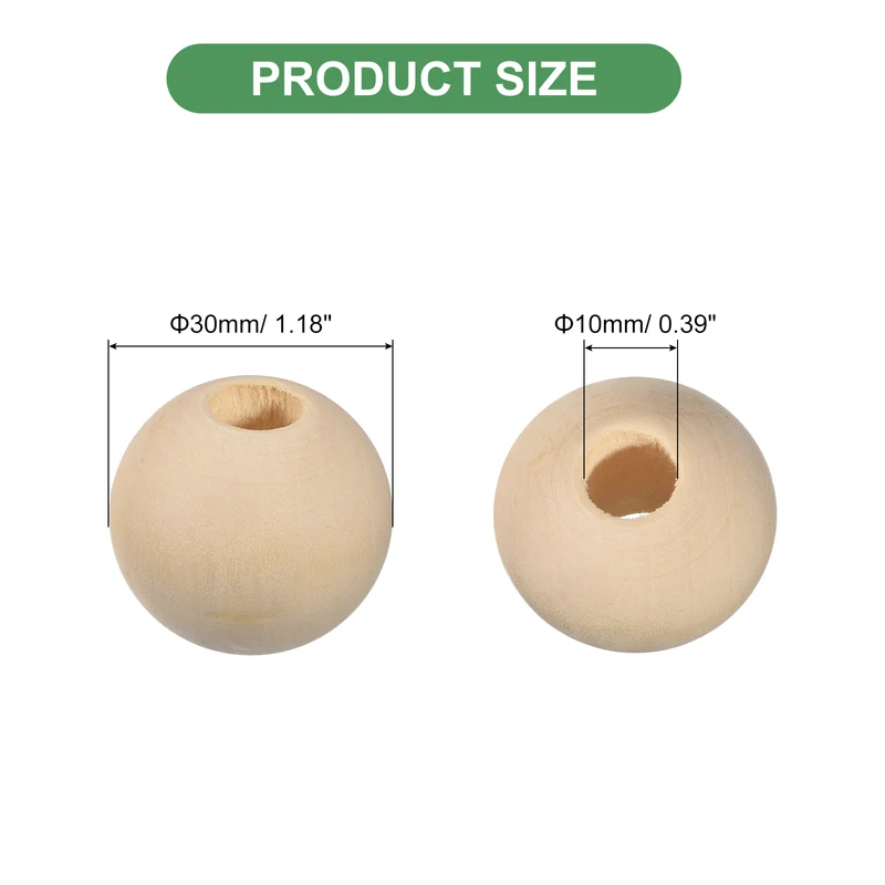 100Pcs 30mm Natural Wood Spacer Bead 10mm Hole Unfinished Round Wooden Beads
