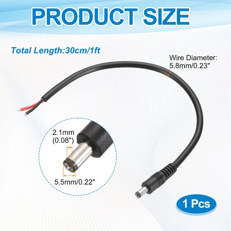 DC Power Pigtail Cable, 30cm/1FT 14AWG 5.5x2.1mm Male Barrel Plug