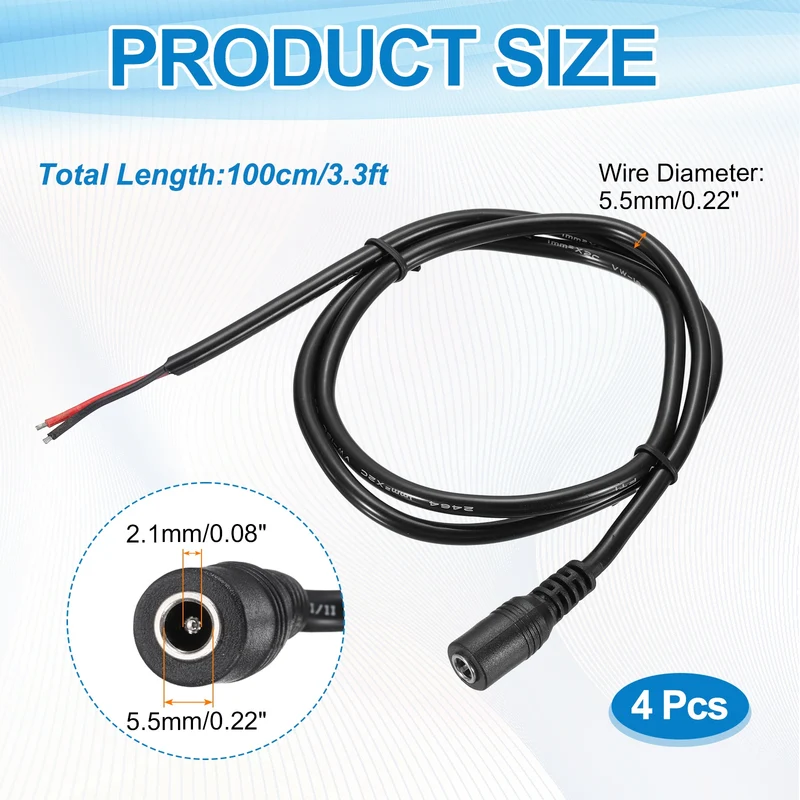 4Pcs DC Power Pigtail Cable, 100cm/3.3FT 16AWG 5.5x2.1mm FeMale Barrel Plug