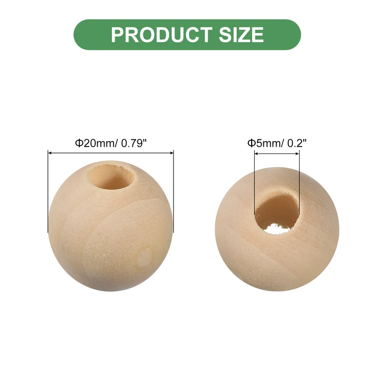 100Pcs 20mm Natural Wood Spacer Bead 5mm Hole Unfinished Round Wooden Beads