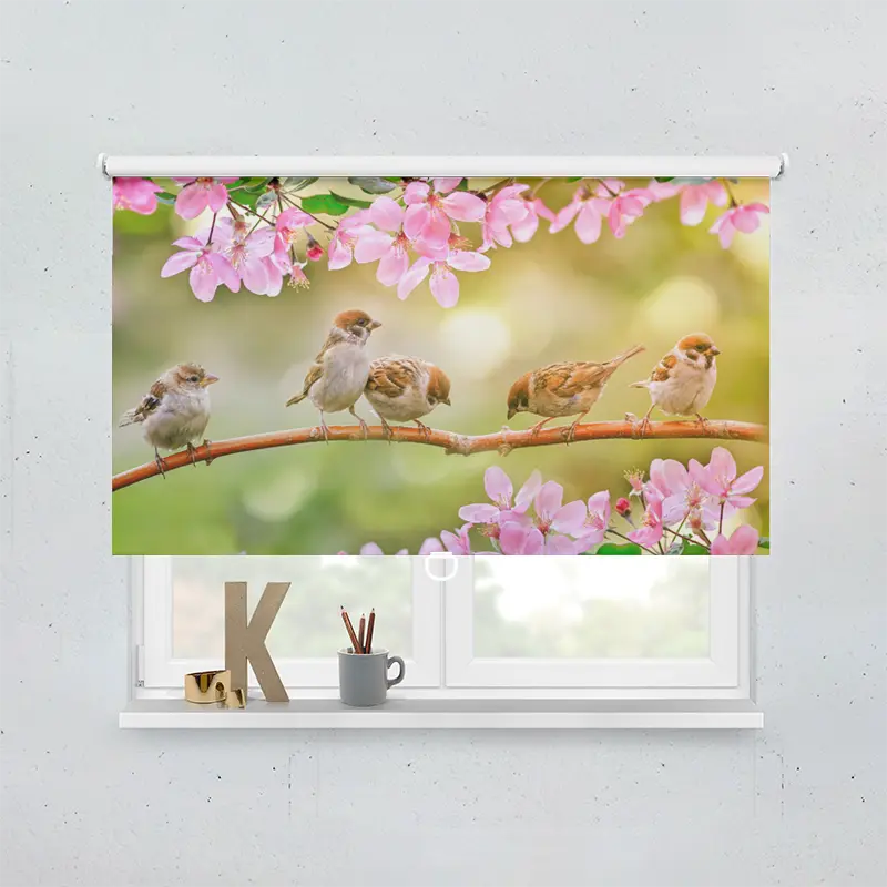 Springrollo Motiv "Spatz Ast Rosa Blueten"