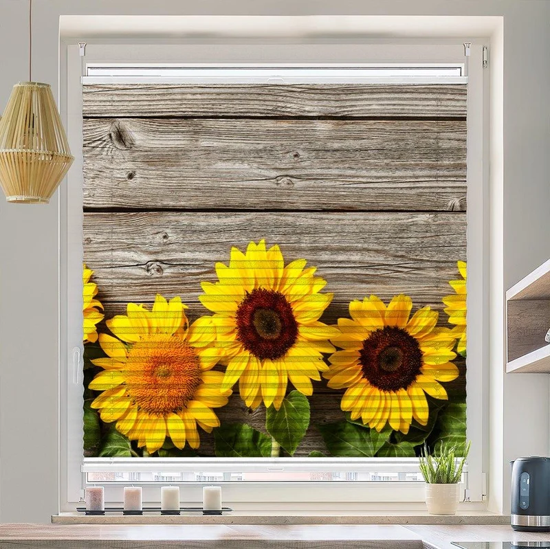 Plissee Motiv "Sonnenblumen Holzwand"