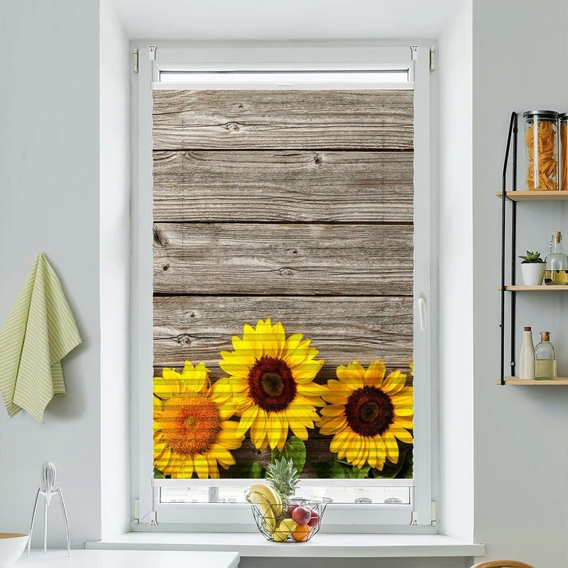 Plissee Motiv "Sonnenblumen Holzwand"