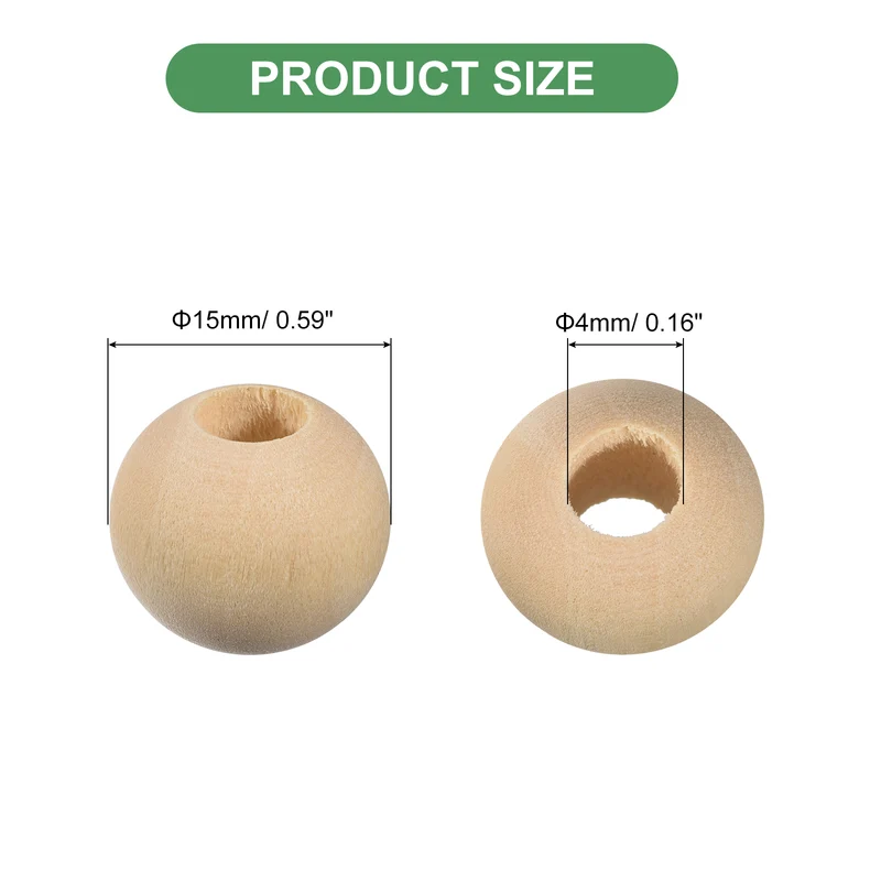 100Pcs 15mm Natural Wood Spacer Bead 4mm Hole Unfinished Round Wooden Beads