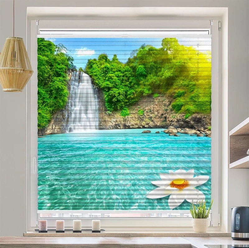 Wabenplissee Motiv "Lotus Blume Wasserfall"