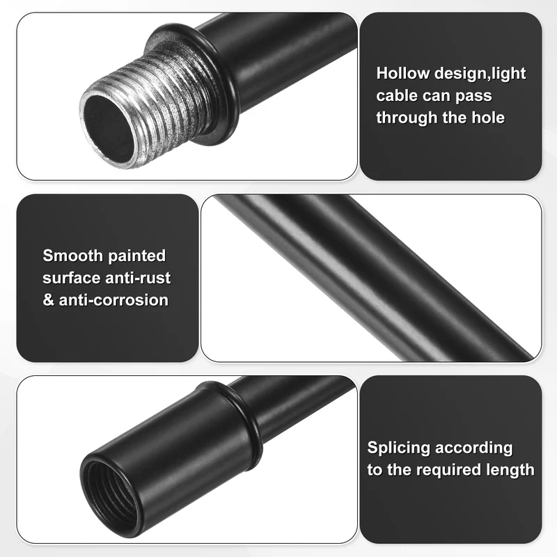 4 Set 250mm Straight Pipe Lamp Stem Kit M10 Double End Thread Rod W/Nuts Black