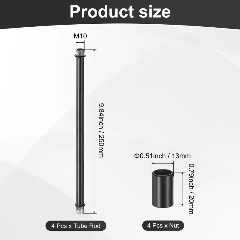 4 Set 250mm Straight Pipe Lamp Stem Kit M10 Double End Thread Rod W/Nuts Black