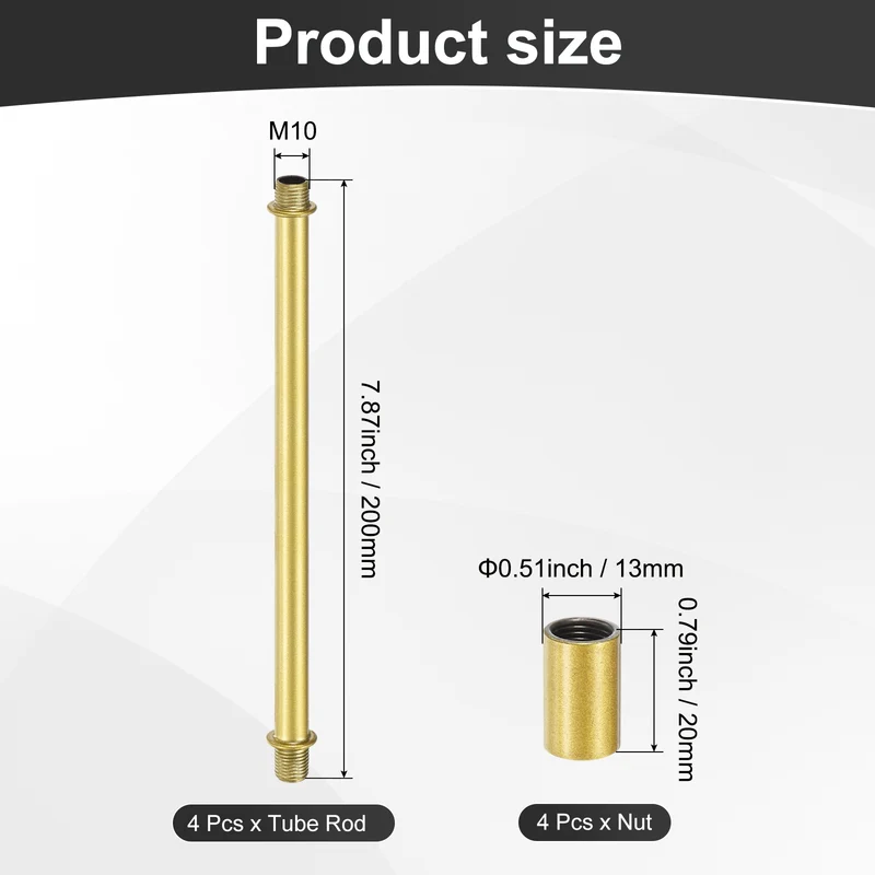 4 Set 200mm Straight Pipe Lamp Stem Kit M10 Double End Thread Rod W/Nuts Gold