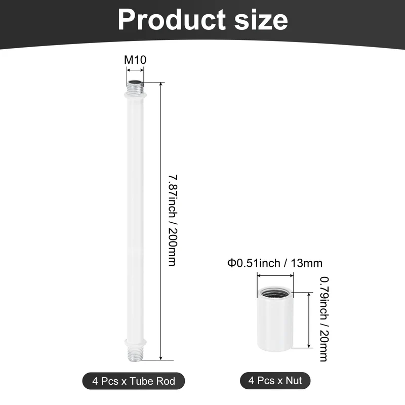 4 Set 200mm Straight Pipe Lamp Stem Kit M10 Double End Thread Rod W/Nuts White