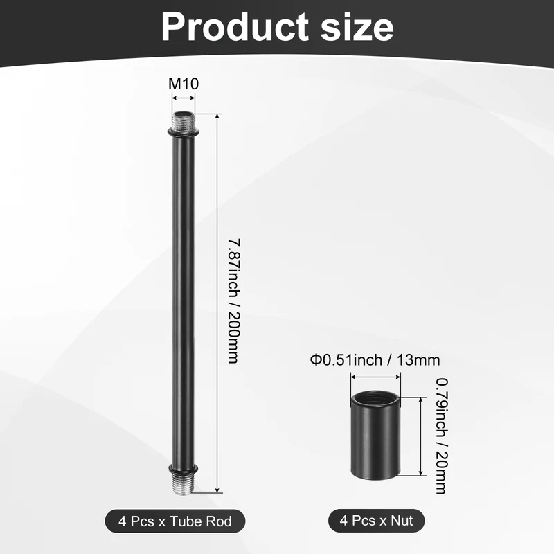 4 Set 200mm Straight Pipe Lamp Stem Kit M10 Double End Thread Rod W/Nuts Black