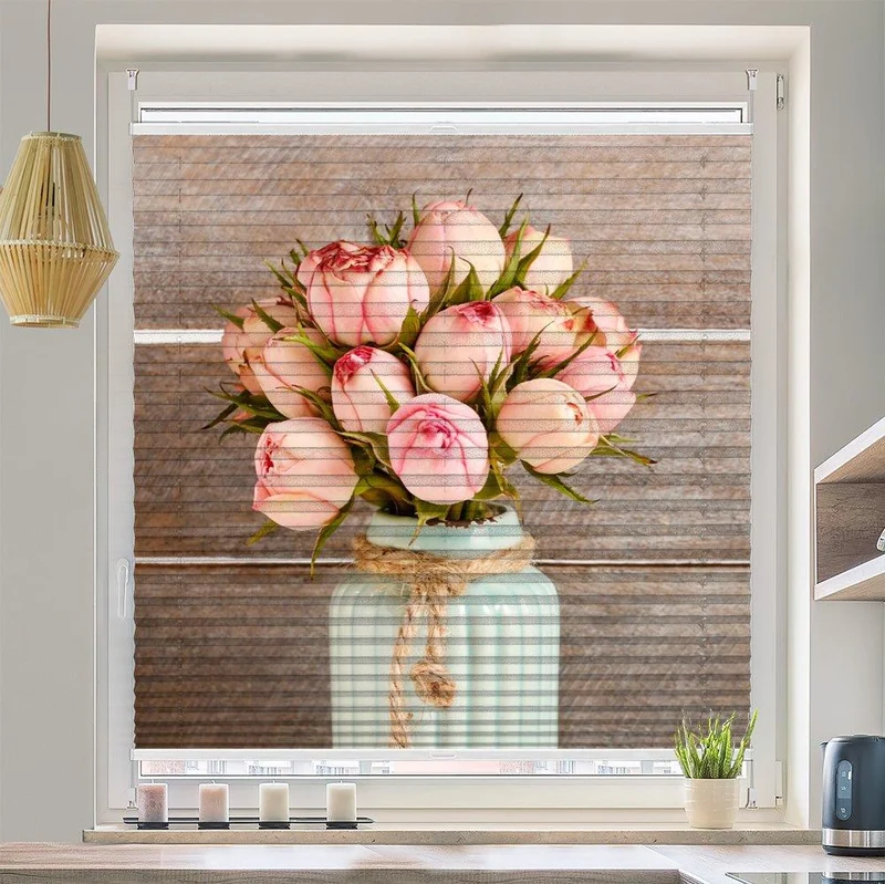 Plissee Motiv "Tulpen Vase Holzwand"