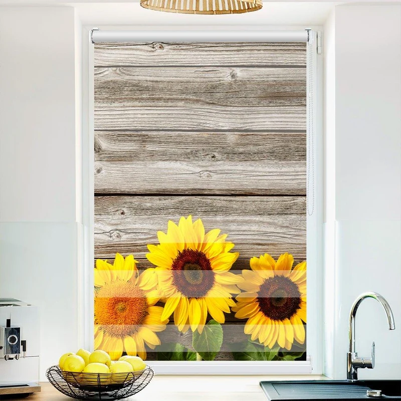 Klemmfix Doppelrollo "Sonnenblumen Holzwand" | Klemm Doppelrollo