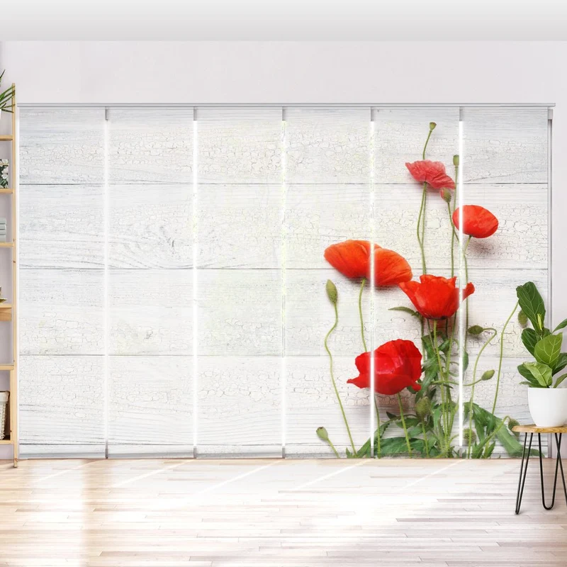 Schiebegardine Motiv "Mohnblumen vor Holzwand"