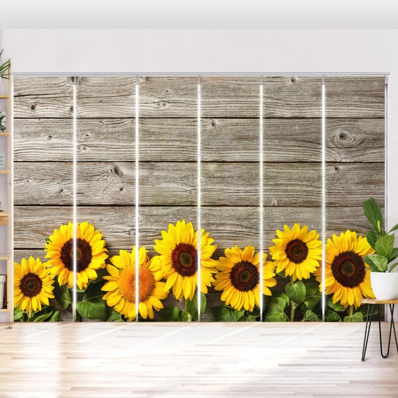 Schiebegardine Motiv "Sonnenblumen Holzwand"