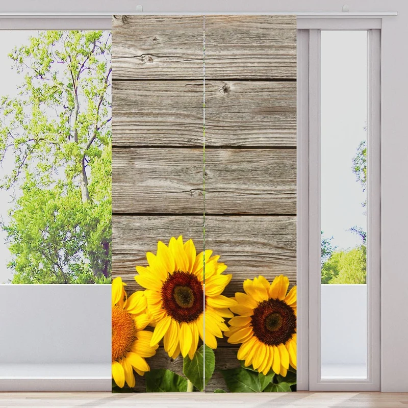 Schiebegardine Motiv "Sonnenblumen Holzwand"