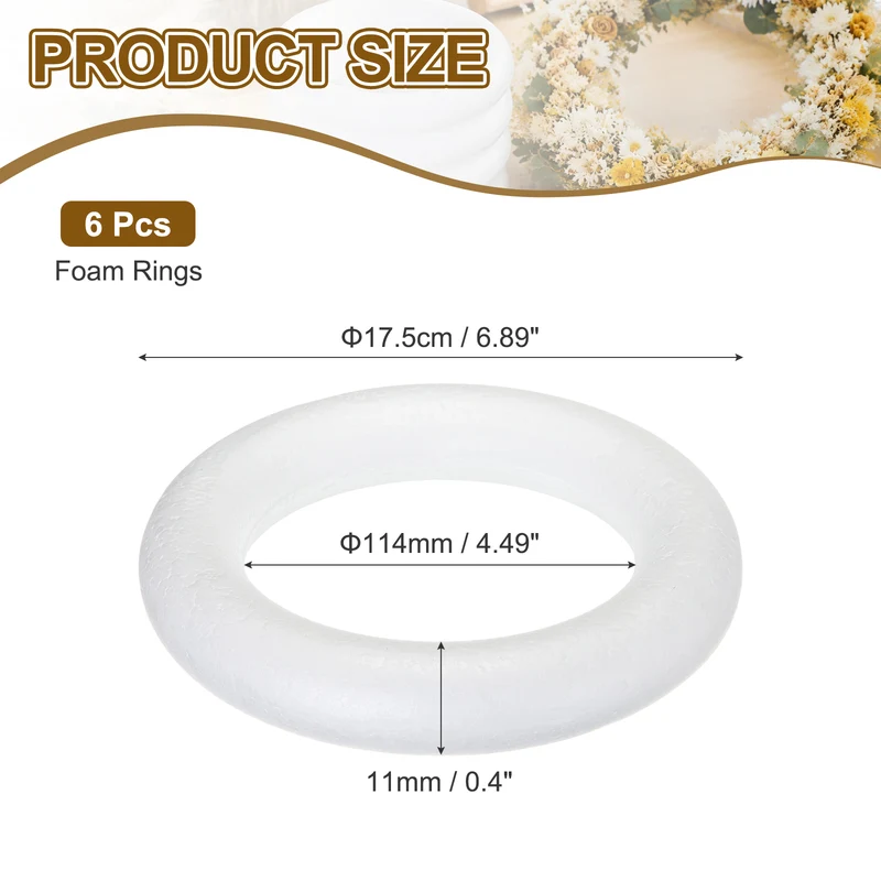 6 Pcs Craft Foam Wreath, 17.5cm/6.9" Round Craft Rings for Decoration DIY, White