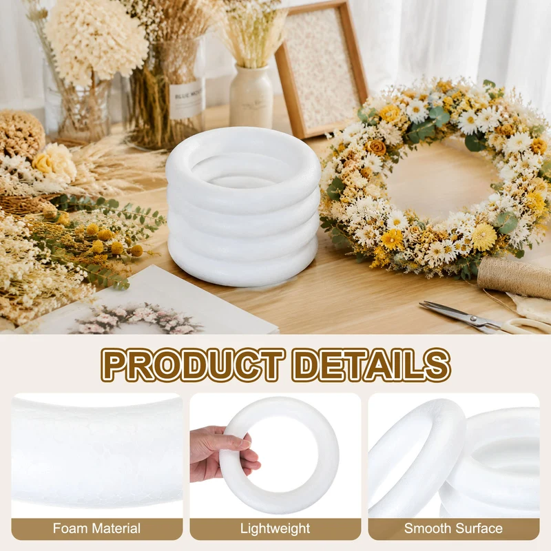 6 Pcs Craft Foam Wreath, 17.5cm/6.9" Round Craft Rings for Decoration DIY, White