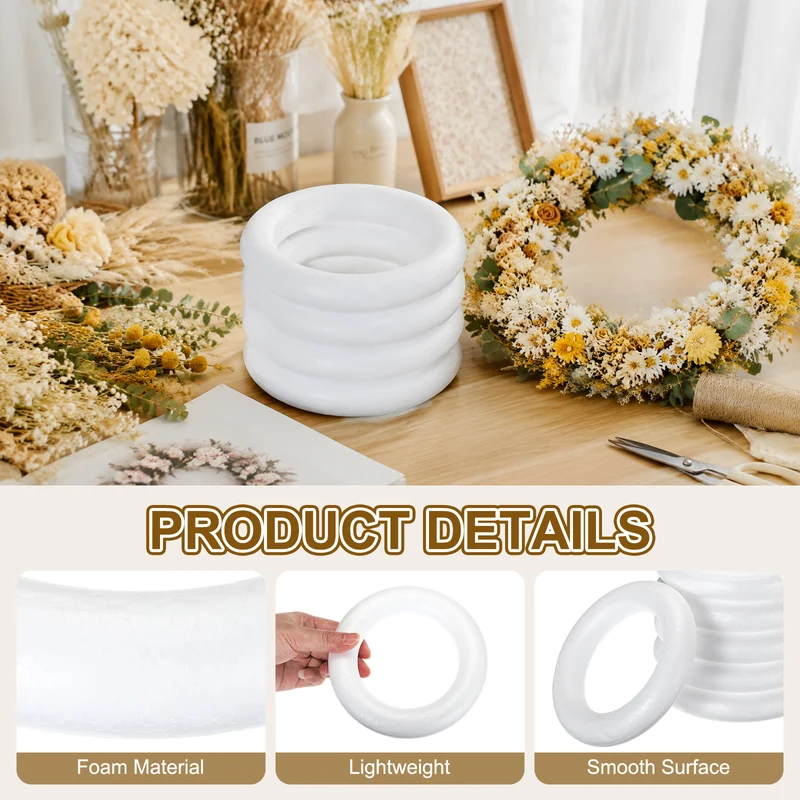 6 Pcs Craft Foam Wreath, 15cm/5.91" Round Craft Rings for Decoration DIY, White
