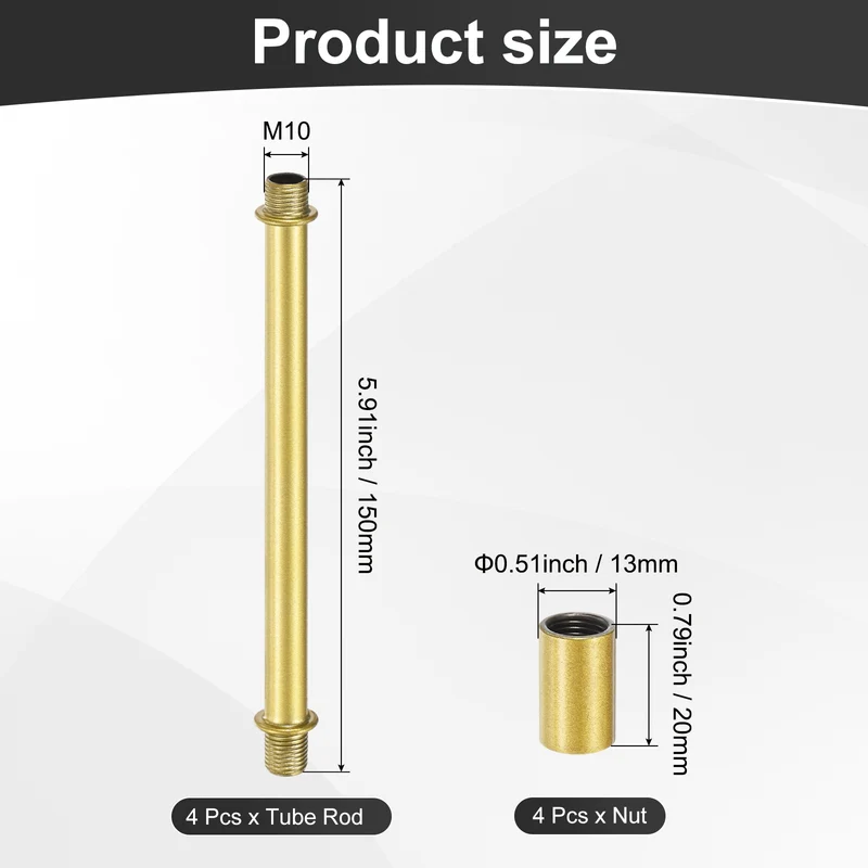 4 Set 150mm Straight Pipe Lamp Stem Kit M10 Double End Thread Rod W/Nuts Gold