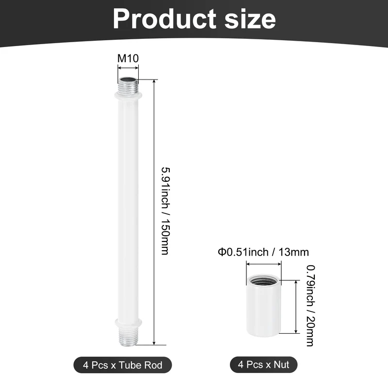 4 Set 150mm Straight Pipe Lamp Stem Kit M10 Double End Thread Rod W/Nuts White