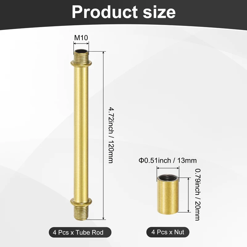 4 Set 120mm Straight Pipe Lamp Stem Kit M10 Double End Thread Rod W/Nuts Gold