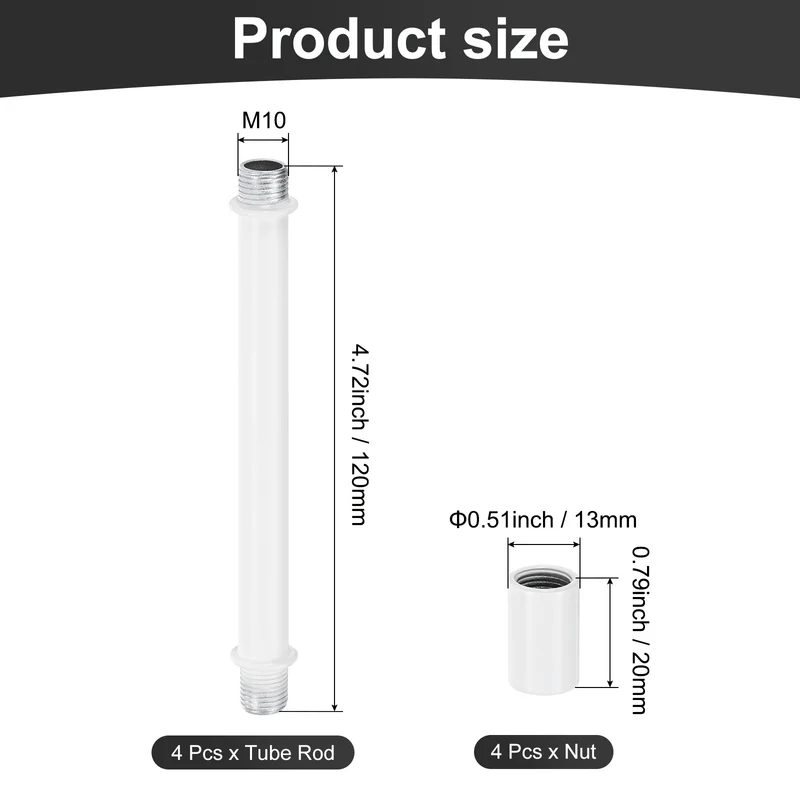 4 Set 120mm Straight Pipe Lamp Stem Kit M10 Double End Thread Rod W/Nuts White