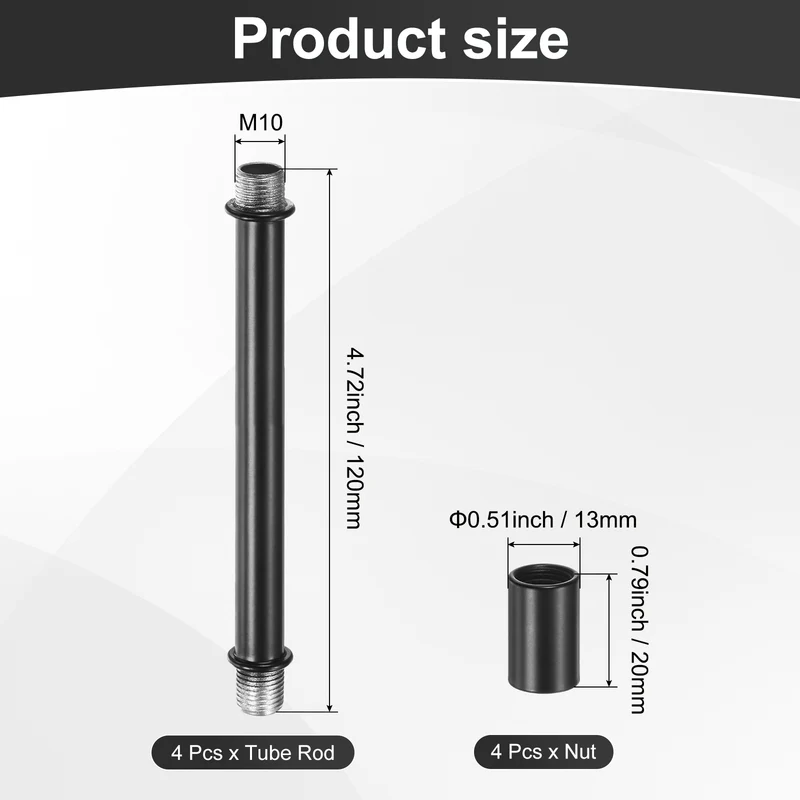 4 Set 120mm Straight Pipe Lamp Stem Kit M10 Double End Thread Rod W/Nuts Black