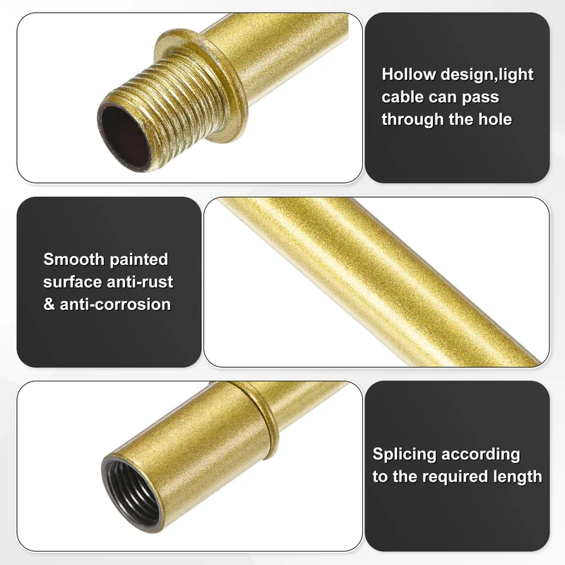 6 Set 100mm Straight Pipe Lamp Stem Kit M10 Double End Thread Rod W/Nuts Gold