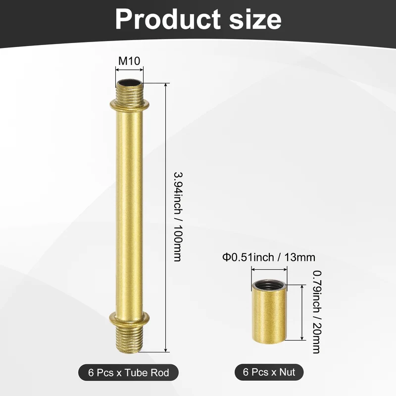 6 Set 100mm Straight Pipe Lamp Stem Kit M10 Double End Thread Rod W/Nuts Gold