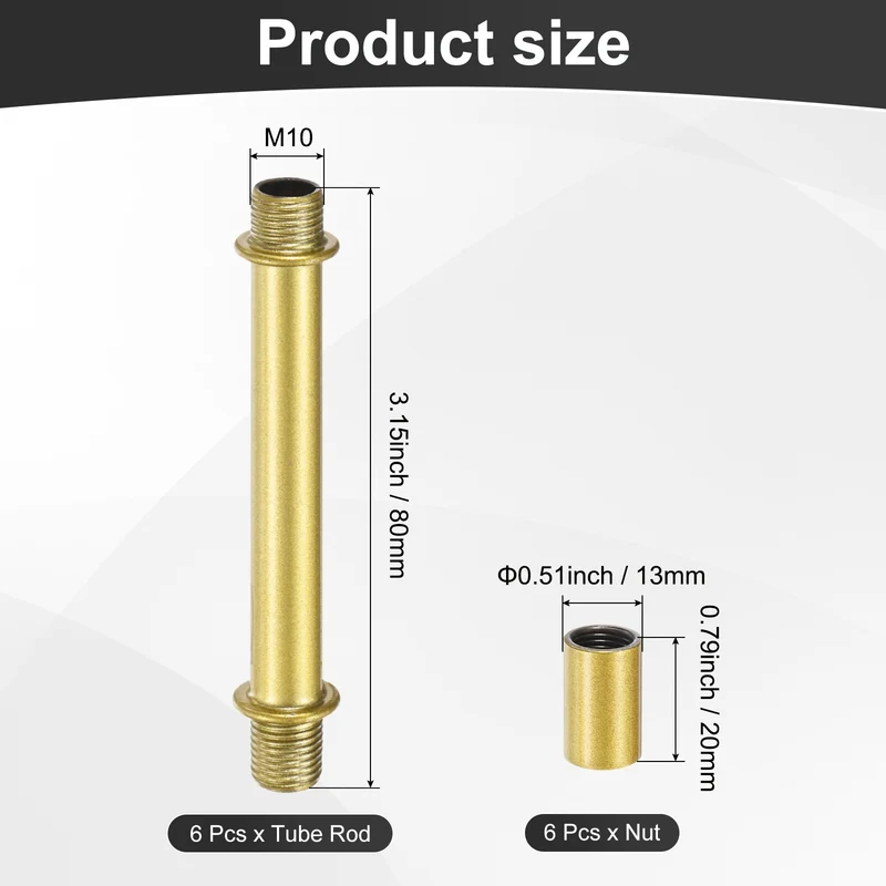 6 Set 80mm Straight Pipe Lamp Stem Kit M10 Double End Thread Rod W/Nuts Gold