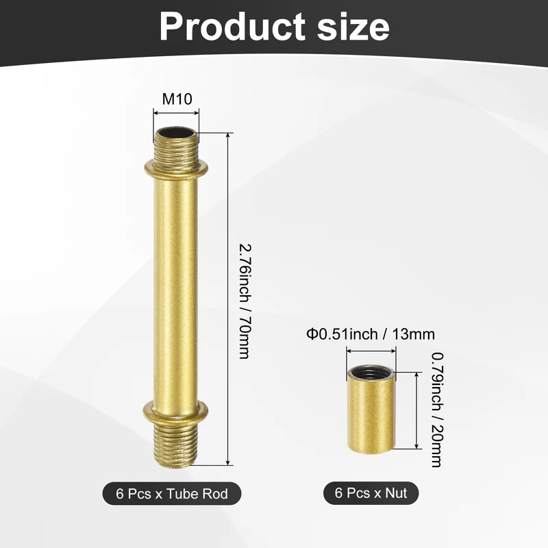 6 Set 70mm Straight Pipe Lamp Stem Kit M10 Double End Thread Rod W/Nuts Gold