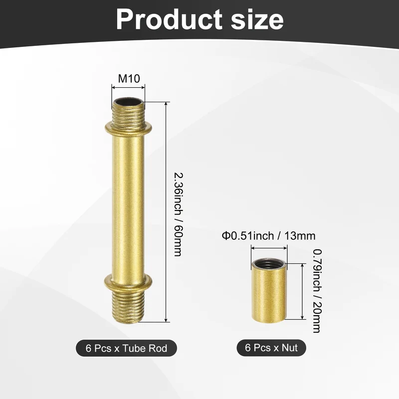 6 Set 60mm Straight Pipe Lamp Stem Kit M10 Double End Thread Rod W/Nuts Gold