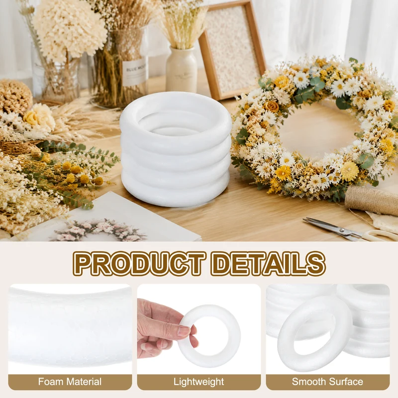 10 Pcs Craft Foam Wreath, 8cm/3.15" Round Craft Rings for Decoration DIY, White