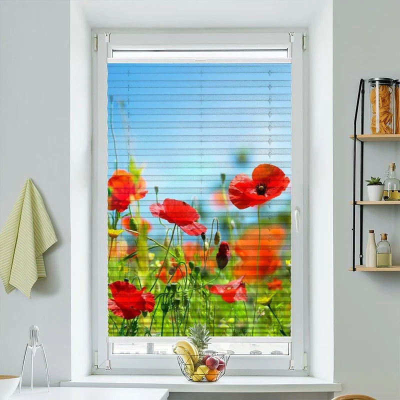 Wabenplissee Motiv "Blumenwiese Mohnfeld sonne"
