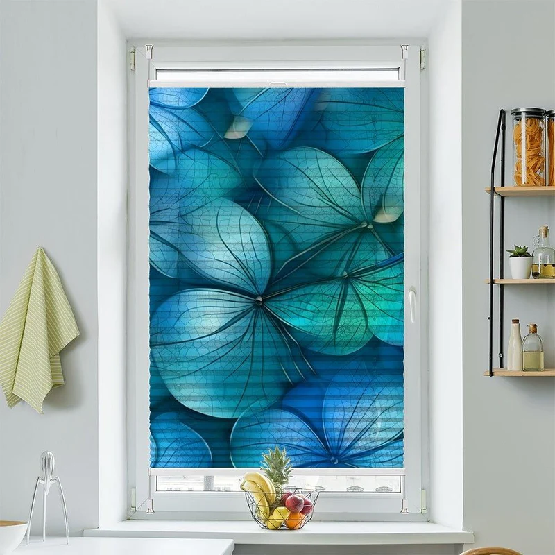 Wabenplissee Motiv "Blueten Blaetter Blau transparent"