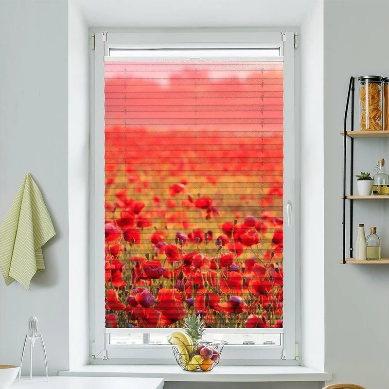 Wabenplissee Motiv "Feld Roter Mohn sonnenaufgang"