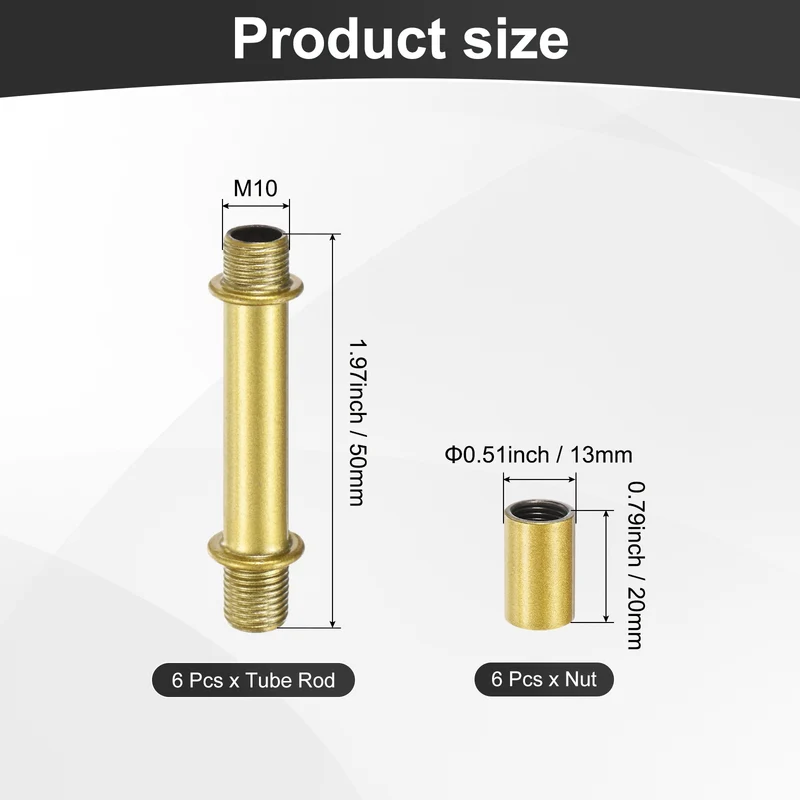 6 Set 50mm Straight Pipe Lamp Stem Kit M10 Double End Thread Rod W/Nuts Gold